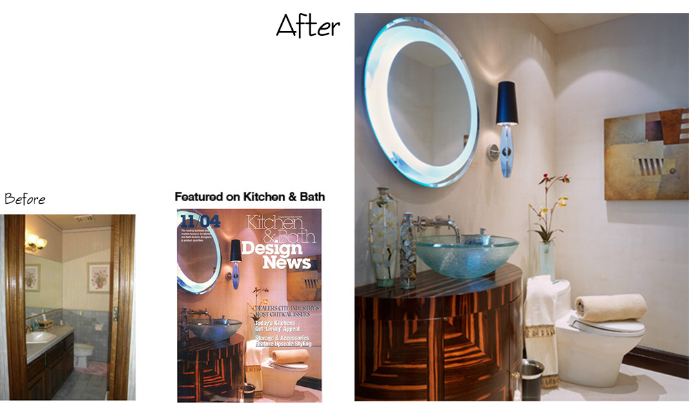 art deco powder room, custom wood vanity, lighted mirror, vessel sink, custom wood vanity