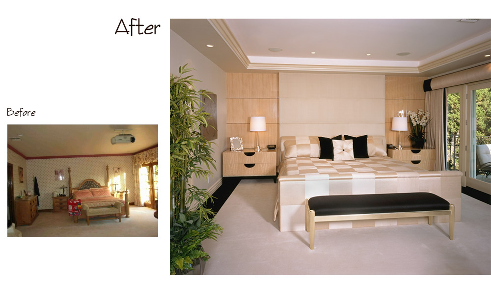 silk duvet, silk upholstered bed, contemporary bedroom, upholstered wall, checkered silk, tray ceiling, white rug, custom oversized bed